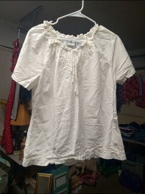 Caribbean Joe Cream Embroidered Tie-Neck Peasant Blouse